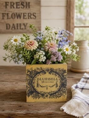 Yellow Wooden Decorative Planter w/floral design.